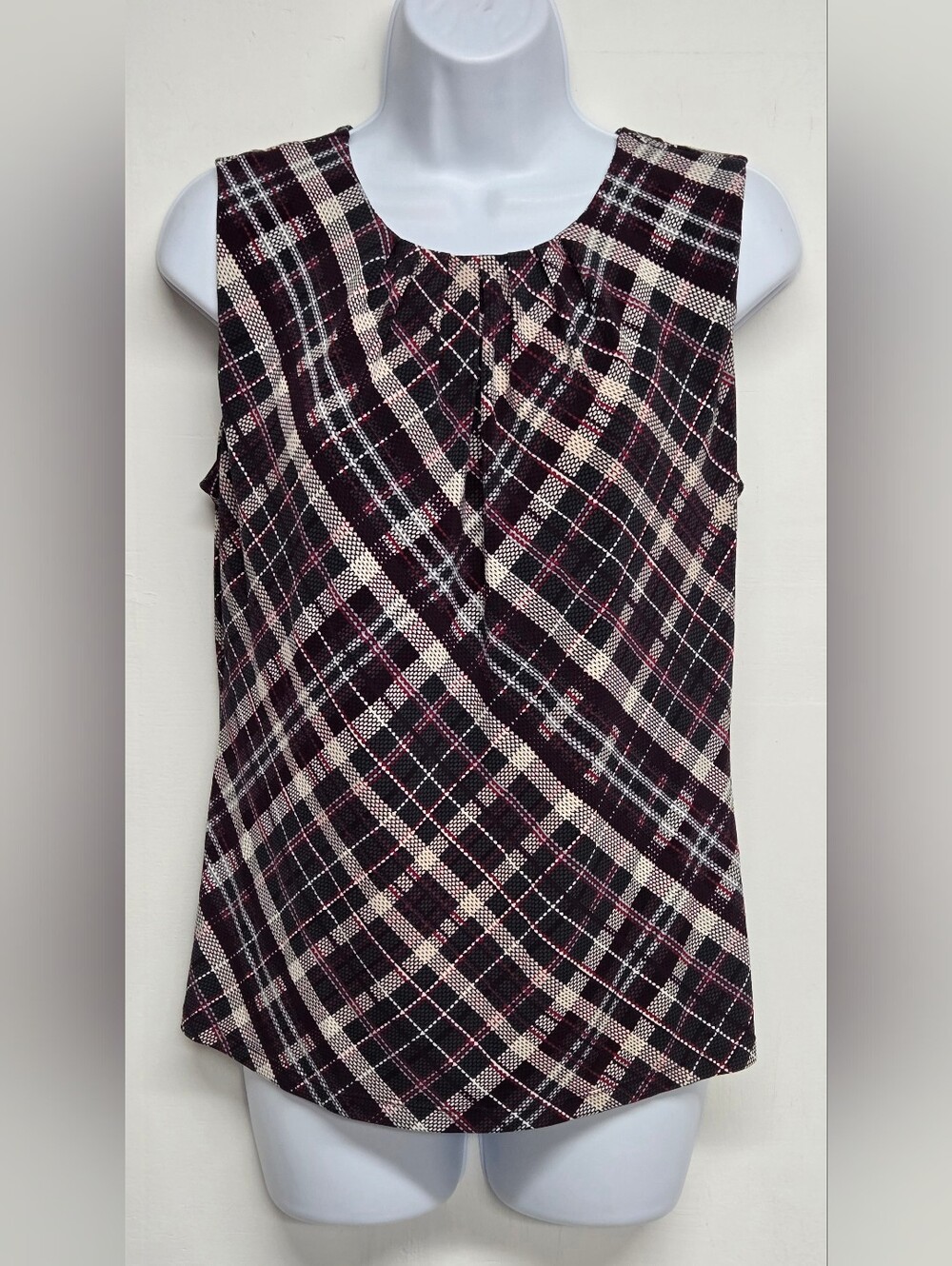 Calvin Klein M Top Pleated Plaid Slinky Stretch Knit Sleeveless